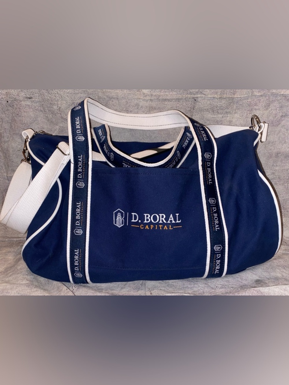 D. Boral Capital Banker Duffle Bag Logo Crossbody Shoulder Strap Canvas Finance